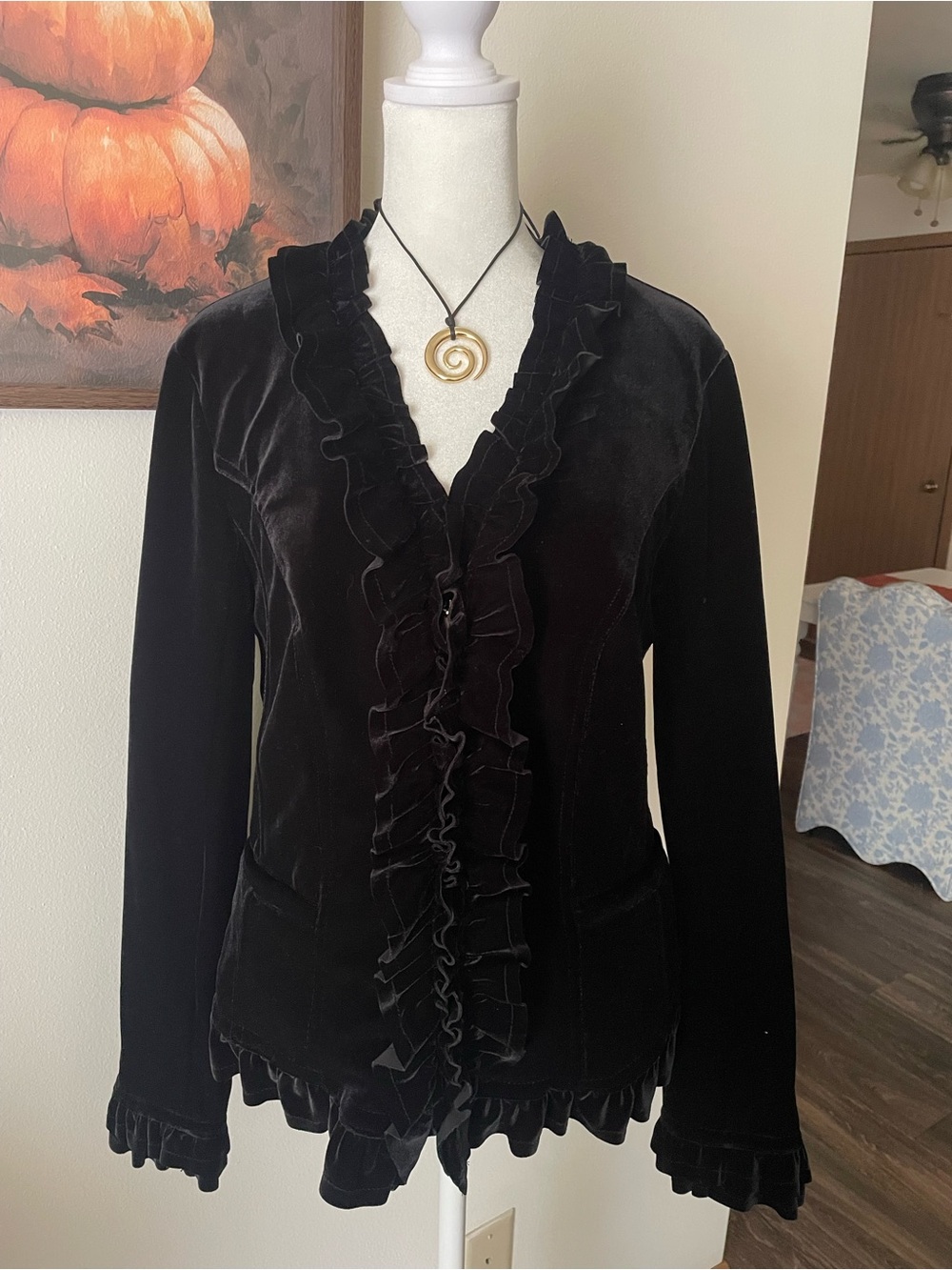 INC International Concepts 90s Style Black Velvet Ruffle Zip Jacket Whimsigoth